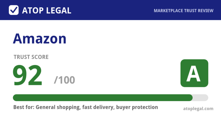 Amazon Trust Score: 92 out of 100 (Grade A) - Atop Legal marketplace trust review