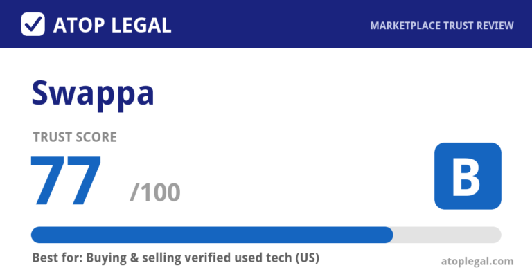 Swappa Trust Score: 77 out of 100 (Grade B) - Atop Legal marketplace trust review