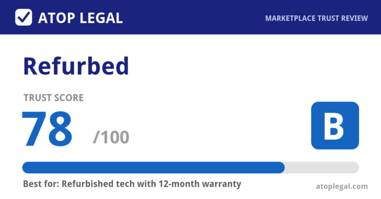 Refurbed Trust Score: 78 out of 100 (Grade B) - Atop Legal marketplace trust review