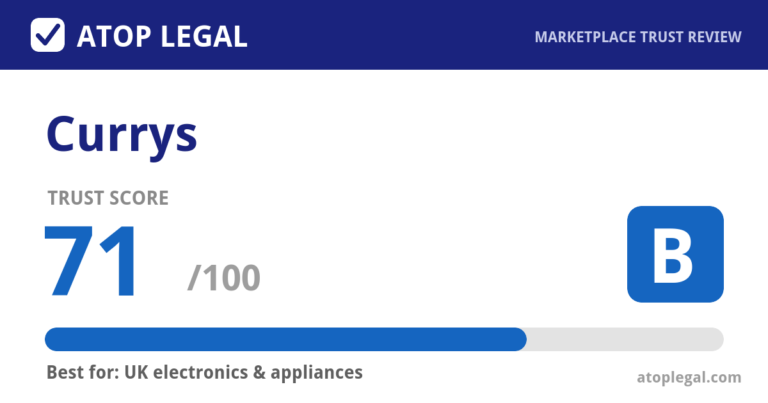 Currys Trust Score: 71 out of 100 (Grade B) - Atop Legal marketplace trust review