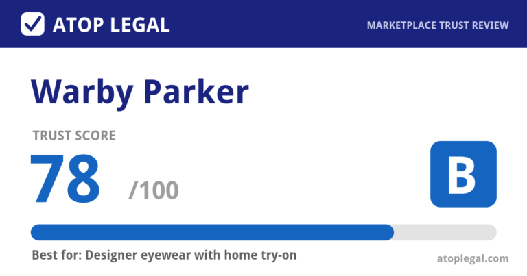 Warby Parker Trust Score: 78 out of 100 (Grade B) - Atop Legal marketplace trust review