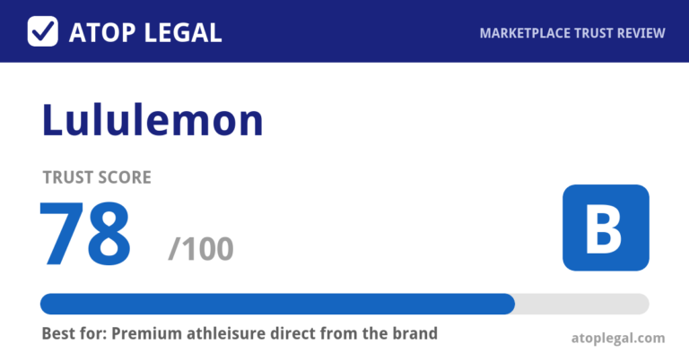 Lululemon Trust Score: 78 out of 100 (Grade B) - Atop Legal marketplace trust review