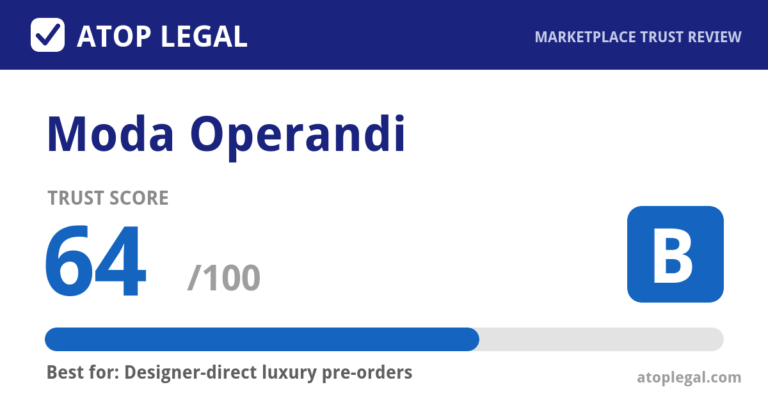 Moda Operandi Trust Score: 64 out of 100 (Grade B) - Atop Legal marketplace trust review