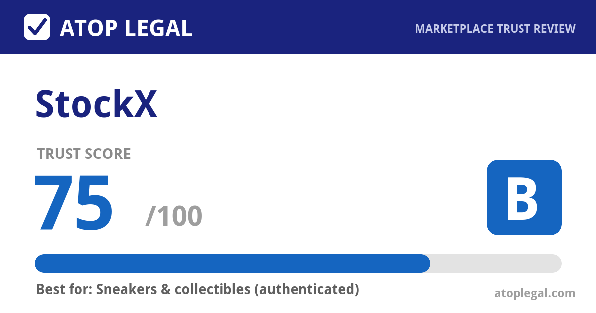 StockX Trust Score: 75 out of 100 (Grade B) - Atop Legal marketplace trust review