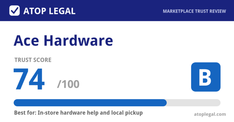 Ace Hardware Trust Score: 74 out of 100 (Grade B) - Atop Legal marketplace trust review