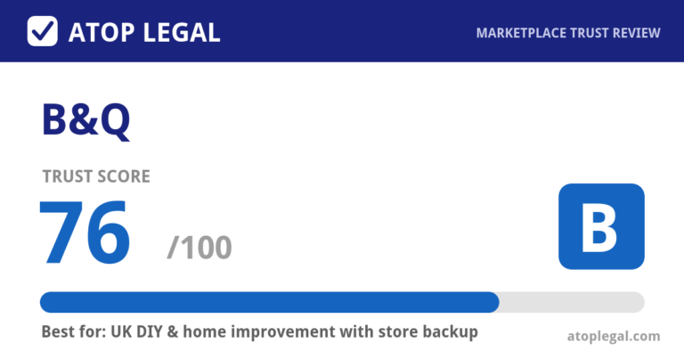 B&Q Trust Score: 76 out of 100 (Grade B) - Atop Legal marketplace trust review