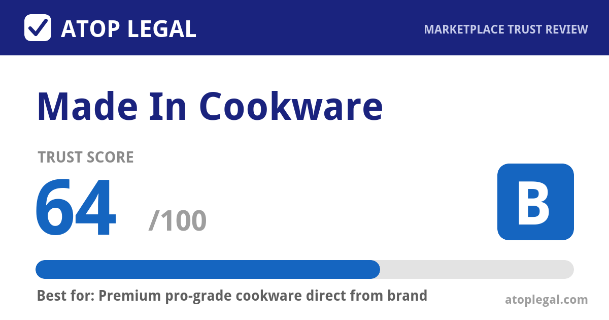 Made In Cookware Trust Score: 64 out of 100 (Grade B) - Atop Legal marketplace trust review