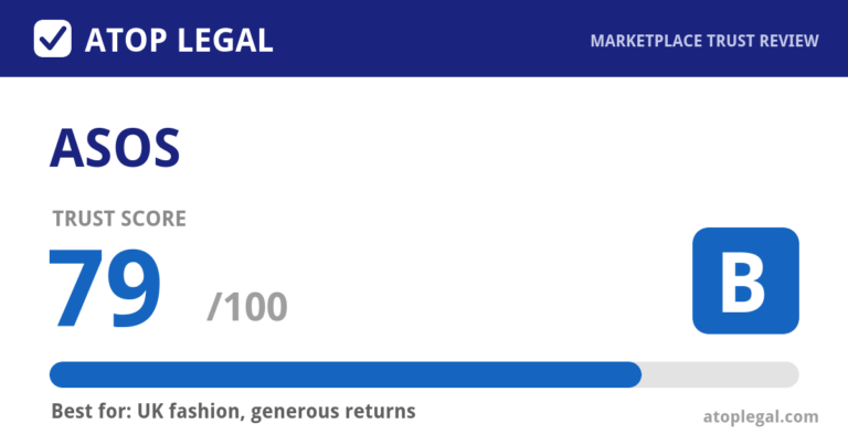 ASOS Trust Score: 79 out of 100 (Grade B) - Atop Legal marketplace trust review