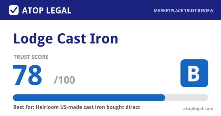 Lodge Cast Iron Trust Score: 78 out of 100 (Grade B) - Atop Legal marketplace trust review