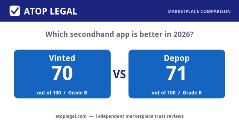 Atop Legal comparison card: Vinted Trust Score 70 of 100 (Grade B) versus Depop 71 of 100 (Grade B)