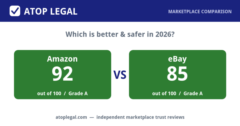 Atop Legal comparison card: Amazon Trust Score 92 of 100 (Grade A) versus eBay 85 of 100 (Grade A)