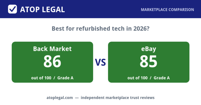 Atop Legal comparison card: Back Market Trust Score 86 of 100 (Grade A) versus eBay 85 of 100 (Grade A)